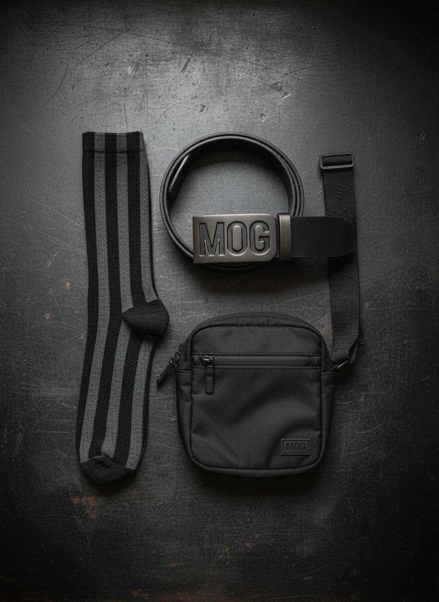 An arrangement of streetwear accessories from MOG laid out in a flat lay composition on a dark, textured steel surface: a thick black leather belt with a heavy matte gunmetal buckle engraved with MOG, a pair of ribbed crew socks with bold vertical striping, and a minimalist crossbody bag in ballistic nylon with sleek black hardware. Soft, diffused overcast light from an unseen window above creates gentle highlights and minimal shadows, emphasizing material textures without glare. Photographic realism and a top-down camera angle keep every item in crisp focus, while subtle vignetting around the edges draws attention to the central accessories. The atmosphere is confident and utilitarian, suggesting functional, everyday gear for an urban lifestyle.