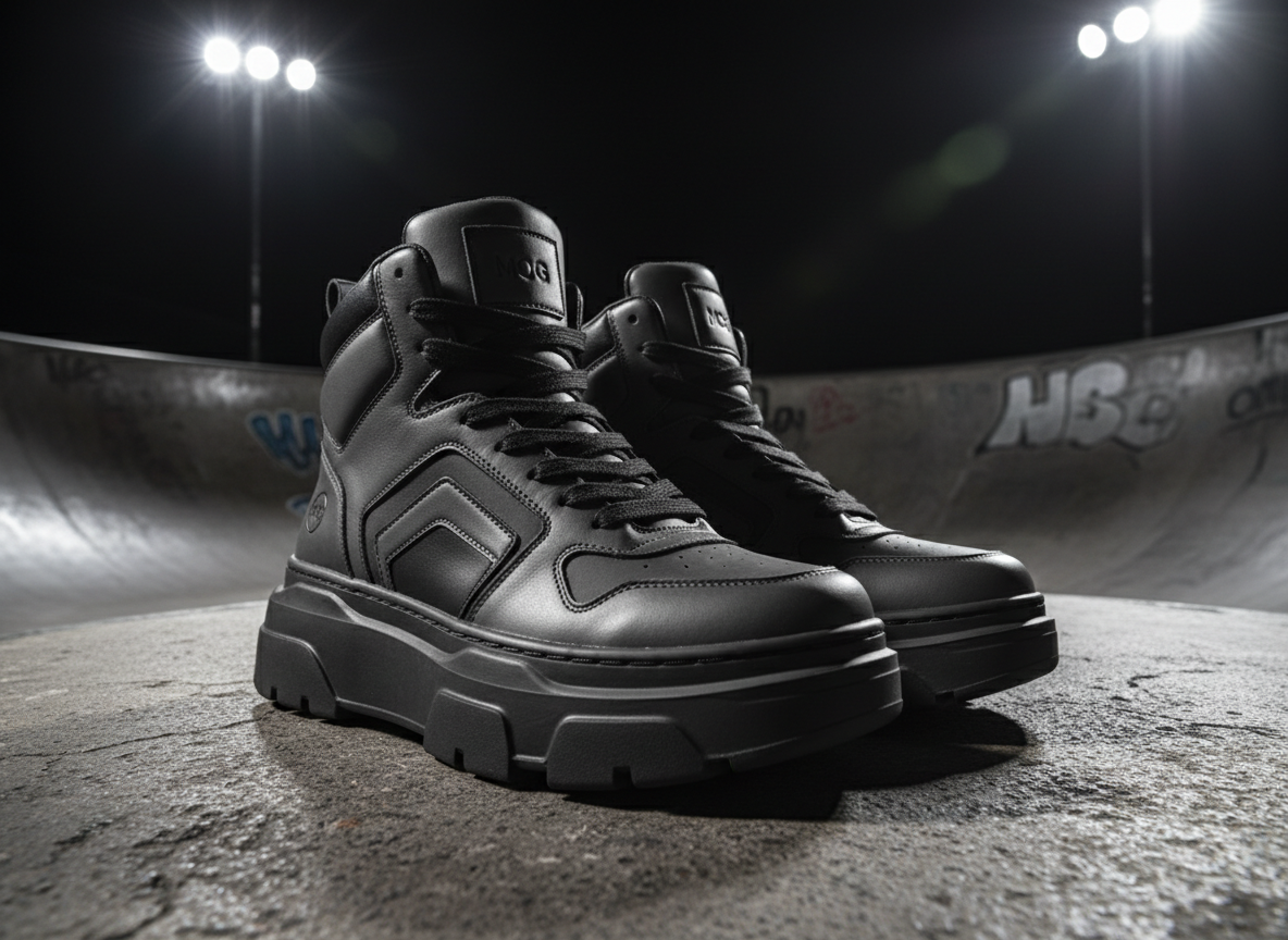 A pair of chunky high-top sneakers in matte charcoal and asphalt grey leather, with angular paneling, thick laces, and a small embossed MOG emblem on the heel, positioned on a weathered skate ramp surface. The concrete bowl curves away into the background, faint graffiti markings softened in blur. Harsh, directional stadium-style lighting rakes across the shoes, creating strong highlights on the edges and deep shadows beneath the thick sole. Captured at a low-angle perspective, almost at ground level, in sharp photographic realism to make the sneakers feel powerful and dominant. The atmosphere is raw and energetic, with a tight, centered composition that spotlights the footwear as the hero against a dark, moody urban environment.