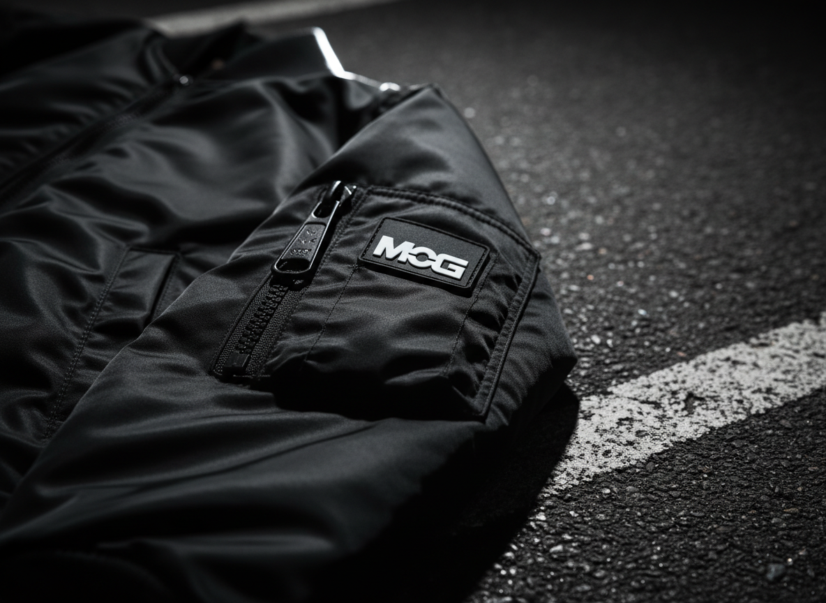 A close-up detail shot of a matte black bomber jacket sleeve, highlighting a rubberized MOG patch on a zippered utility pocket, with heavy-duty black zipper teeth and a brushed metal pull tab. The jacket’s nylon shell has a subtle sheen, catching light in fine ripples. The garment rests on rough asphalt pavement with scattered chalk lines and a faded crosswalk edge running diagonally. Dramatic, directional night-time lighting from a single streetlamp source creates high contrast, with bright rim lighting along the jacket edge and deep, inky shadows surrounding. Captured in tight photographic realism with a shallow depth of field, the mood is edgy and intense, emphasizing craftsmanship and detail for a bold product-focused section.