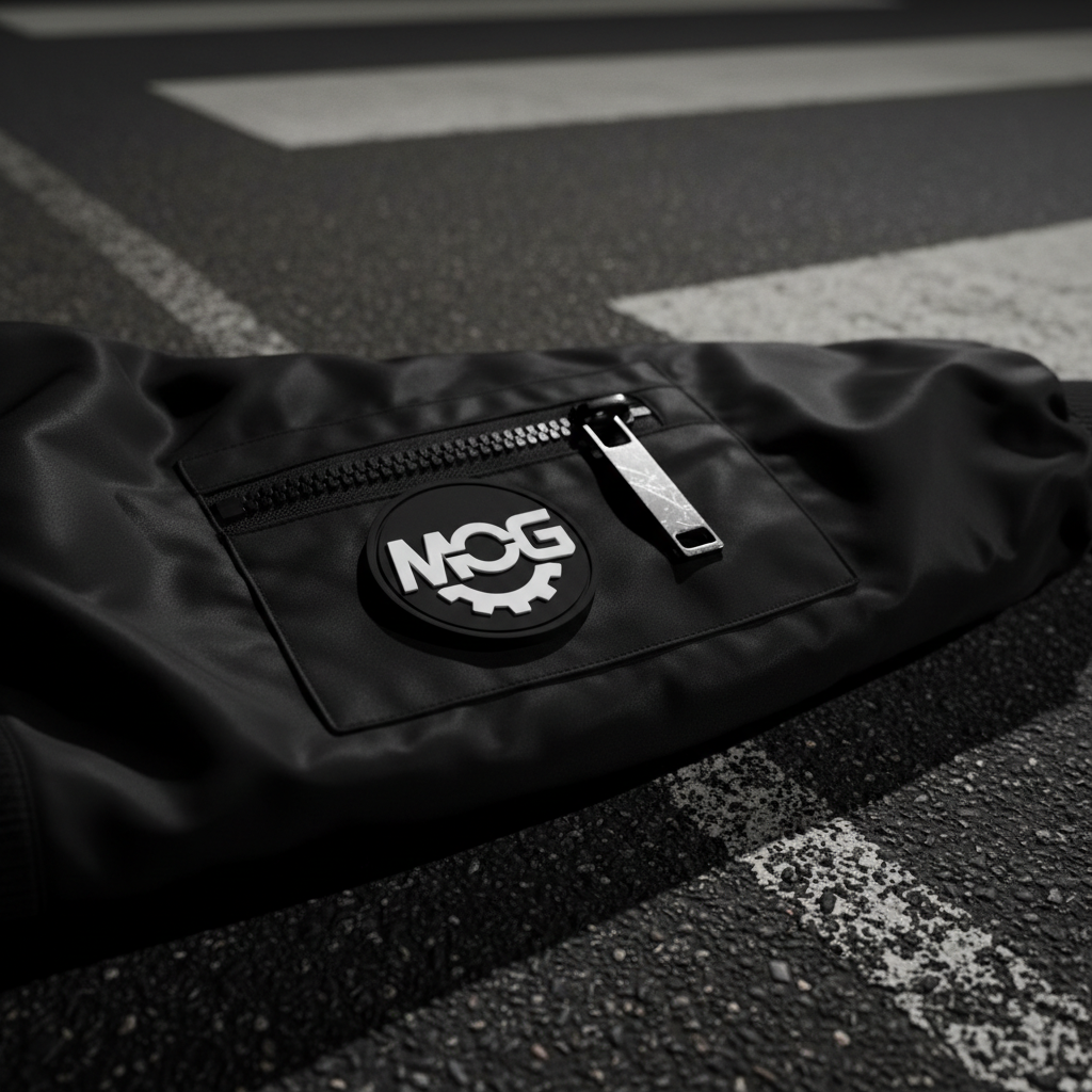 A close-up detail shot of a matte black bomber jacket sleeve, highlighting a rubberized MOG patch on a zippered utility pocket, with heavy-duty black zipper teeth and a brushed metal pull tab. The jacket’s nylon shell has a subtle sheen, catching light in fine ripples. The garment rests on rough asphalt pavement with scattered chalk lines and a faded crosswalk edge running diagonally. Dramatic, directional night-time lighting from a single streetlamp source creates high contrast, with bright rim lighting along the jacket edge and deep, inky shadows surrounding. Captured in tight photographic realism with a shallow depth of field, the mood is edgy and intense, emphasizing craftsmanship and detail for a bold product-focused section.