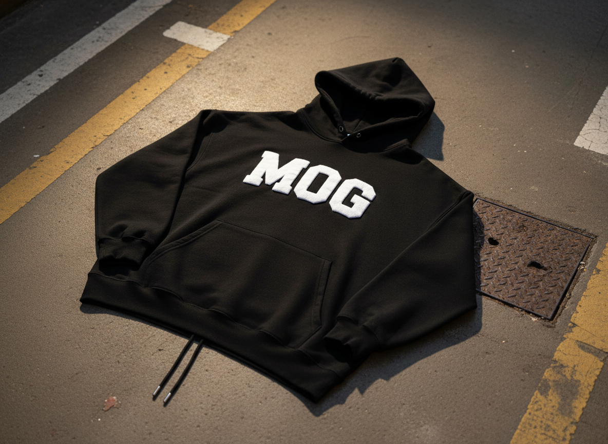 A sleek black heavyweight cotton hoodie laid flat on a matte concrete floor, its oversized hood and bold white MOG logo printed across the chest in thick, raised ink. The fabric shows subtle texture and structured ribbed cuffs, with a metal-tipped drawstring resting sharply aligned. Around it, a hint of painted street lines and a distressed metal grate suggest an urban alley setting. Shot in photographic realism from a slightly elevated angle, with strong side lighting mimicking late-afternoon city sun, casting crisp shadows that emphasize the garment’s form. The mood is bold and uncompromising, with a clean, modern composition using rule of thirds and a shallow depth of field that blurs the gritty background into soft bokeh.