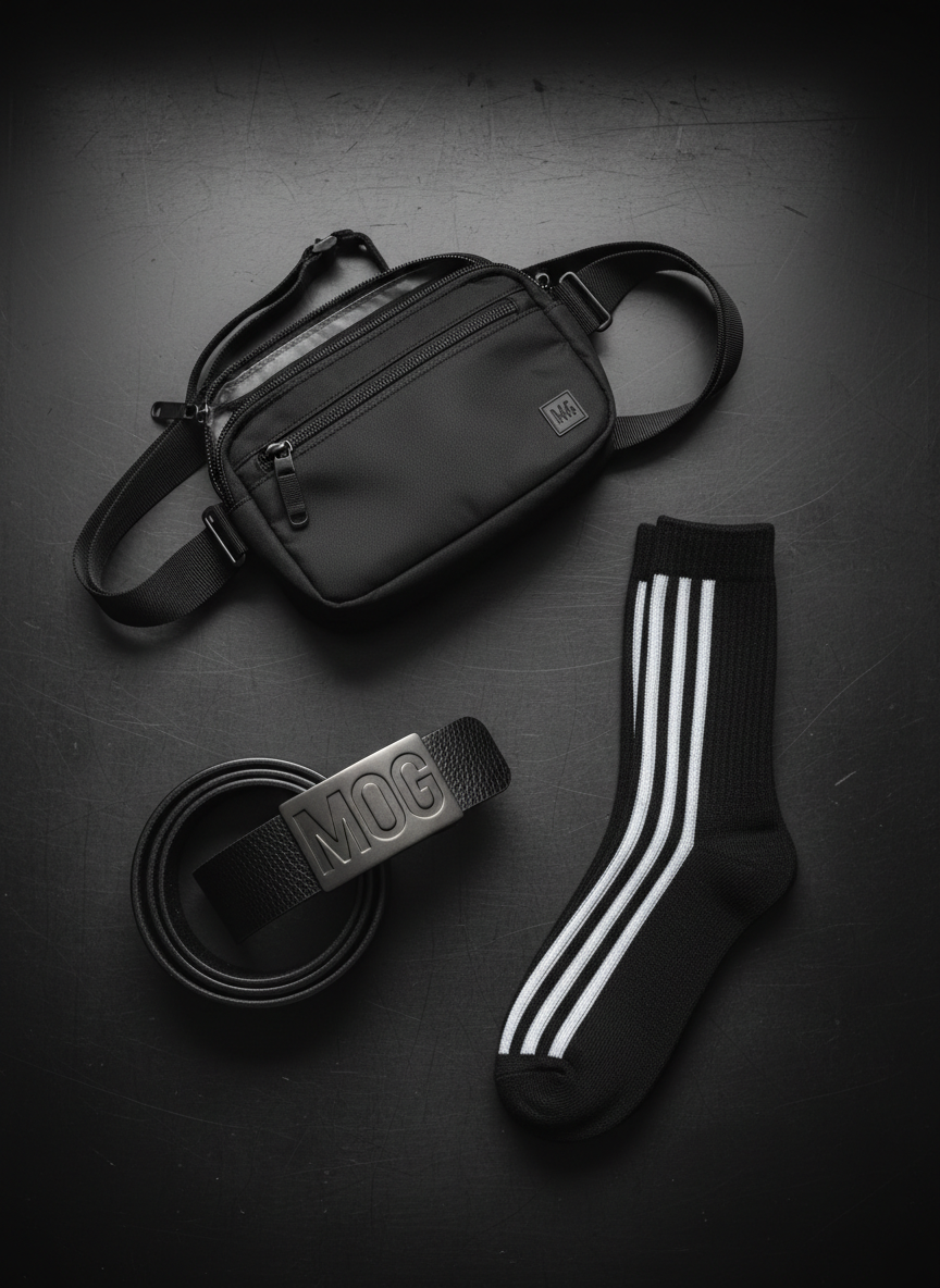 An arrangement of streetwear accessories from MOG laid out in a flat lay composition on a dark, textured steel surface: a thick black leather belt with a heavy matte gunmetal buckle engraved with MOG, a pair of ribbed crew socks with bold vertical striping, and a minimalist crossbody bag in ballistic nylon with sleek black hardware. Soft, diffused overcast light from an unseen window above creates gentle highlights and minimal shadows, emphasizing material textures without glare. Photographic realism and a top-down camera angle keep every item in crisp focus, while subtle vignetting around the edges draws attention to the central accessories. The atmosphere is confident and utilitarian, suggesting functional, everyday gear for an urban lifestyle.